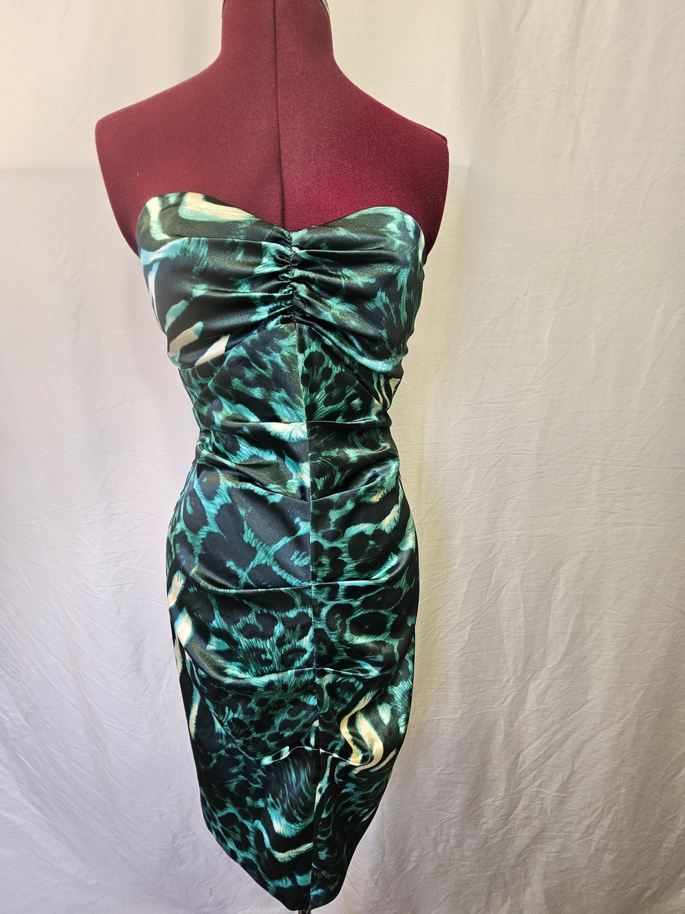 Jump Strapless Teal Animal-Print Satin Dress